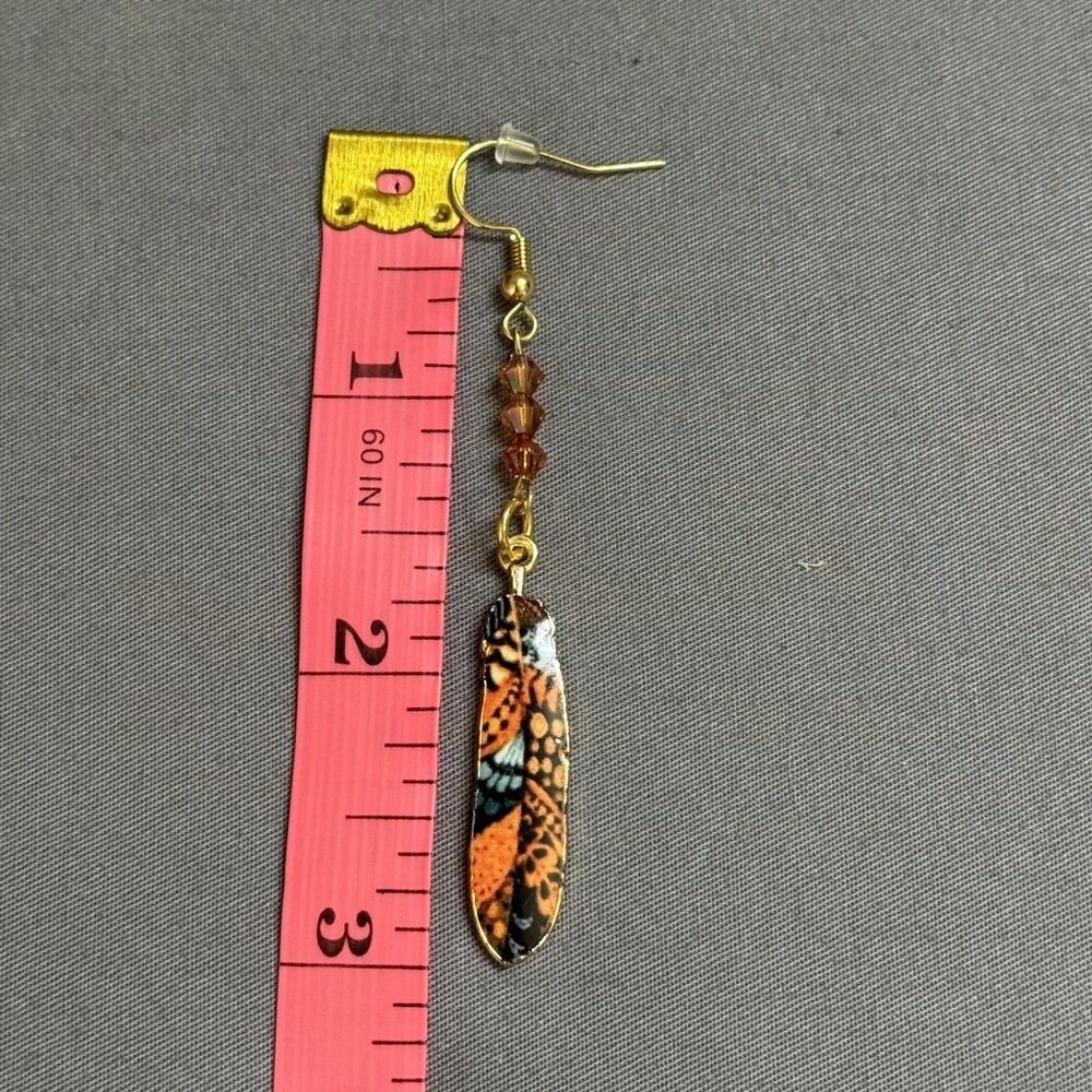 Gold Tone Orange Butterfly Dangle Drop Earrings Womens Glass Enamel Jewelry - Picture 7 of 7